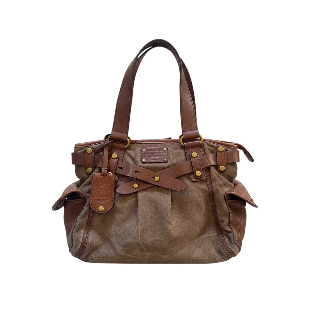 Fossil‎ Long Live Vintage Shiny Canvas Satchel Bag Y2K Brass Key Charm